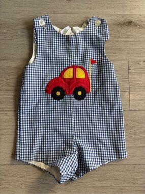 Vintage Kelly Kids Blue and White Car Romper Size 2
